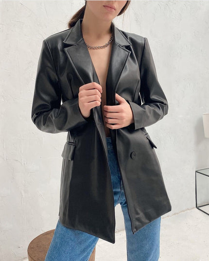 Solid color suit collar fake pocket women's leather jacket