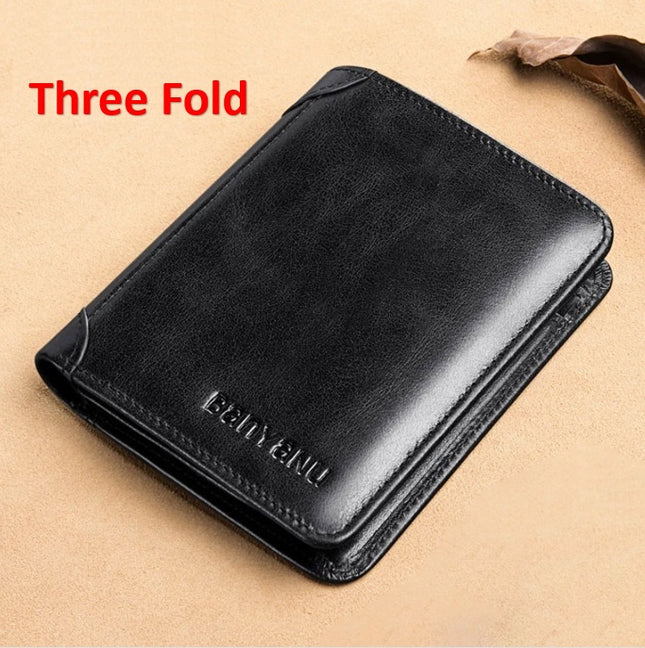 Men's Short Matte Leather Tri-fold Vertical Wallet