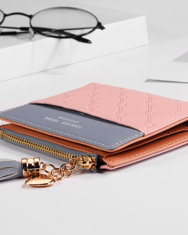 Contrast embossed zipper handbags tassels high-grade soft leather wallet simple coin purse