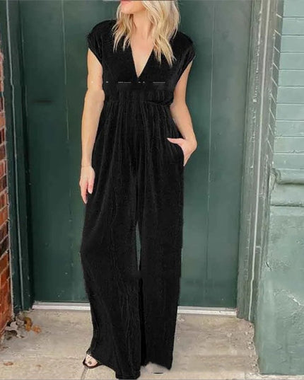 V-neck Short-sleeved High Waist Long Jumpsuit