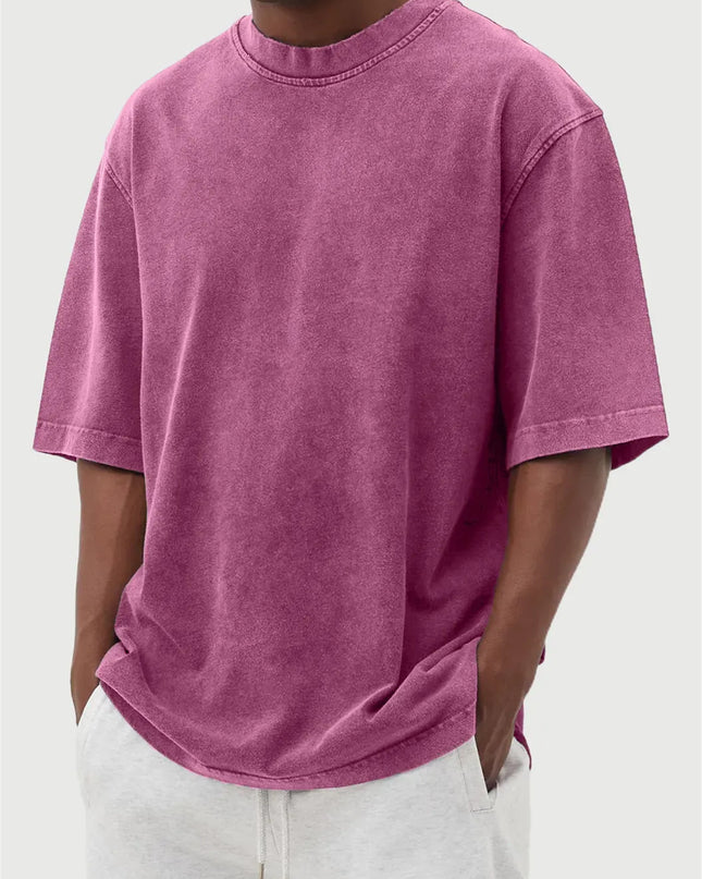 Men's Washed Fried Color Distressed Solid Color Pullover Short T-shirt