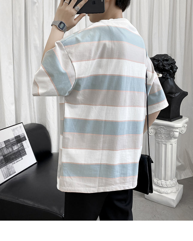 Striped Short-sleeved T-shirt Boys Hong Kong Style Couple Half-sleeved Ins Bottoming Shirt