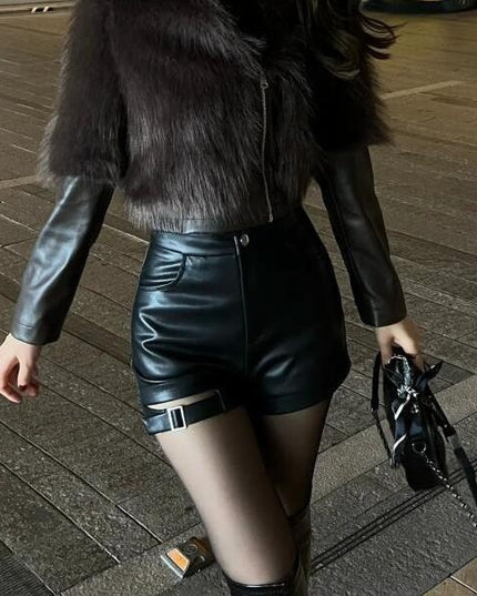 Black Buckle Washed Leather Shorts For Women