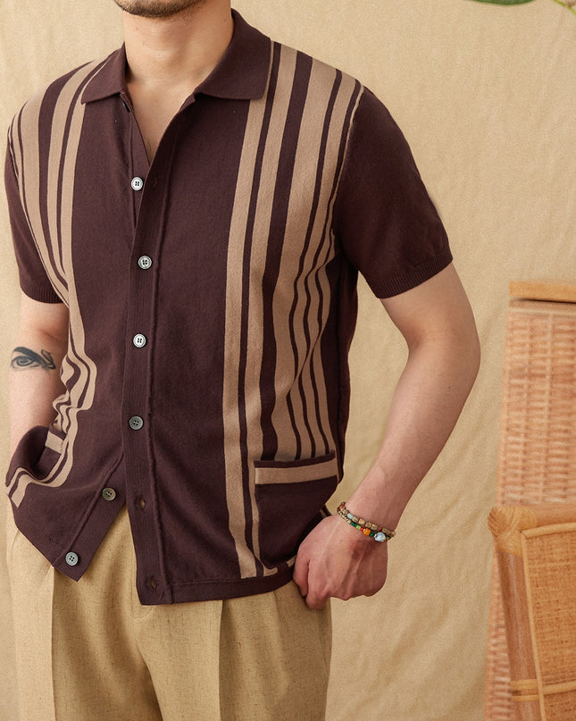 Cotton Striped Breathable Short-sleeved Knitted Cardigan Polo Shirt