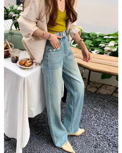 Ripped Narrow Version Wide-leg Loose Drape Mopping Pants Hot Girl High Waist Women's Straight Denim Trousers