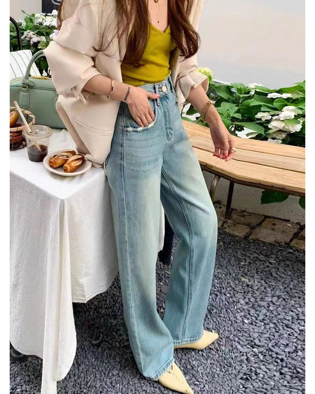 Ripped Narrow Version Wide-leg Loose Drape Mopping Pants Hot Girl High Waist Women's Straight Denim Trousers
