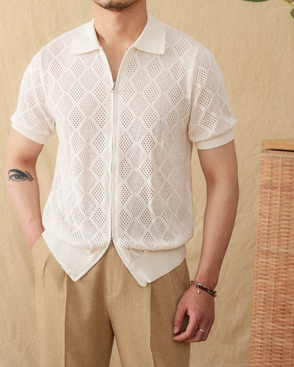 Cotton Zipper Hollow Short Sleeve Lapel Cardigan Casual Top