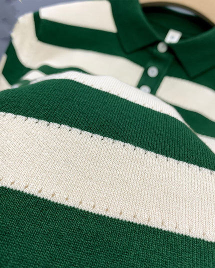 Striped Ice Silk Knitted Polo Shirt Men's Short Sleeve Thin Style Lapel T-shirt Men's Half Sleeve