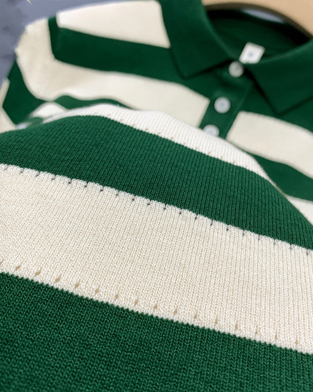Striped Ice Silk Knitted Polo Shirt Men's Short Sleeve Thin Style Lapel T-shirt Men's Half Sleeve