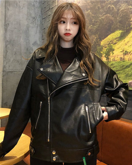 Leather coat women's autumn winter new Korean loose casual casual casual wear Pu motorcycle jacket ins fashion