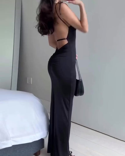 Black Slant Neck Backpack Maxi Dress