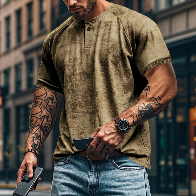 Retro Distressed Henry Collar Short Sleeve Men's T-shirt Heavy Slim Fit Raglan American Style Men's Short Sleeve