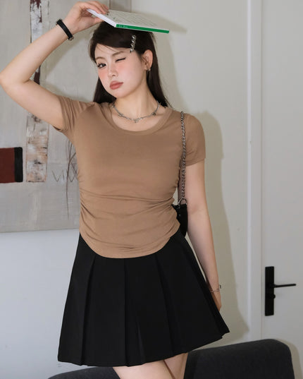Plus Size Pleating Midriff Outfit High Elastic Bottoming Shirt Short Sleeve T-shirt