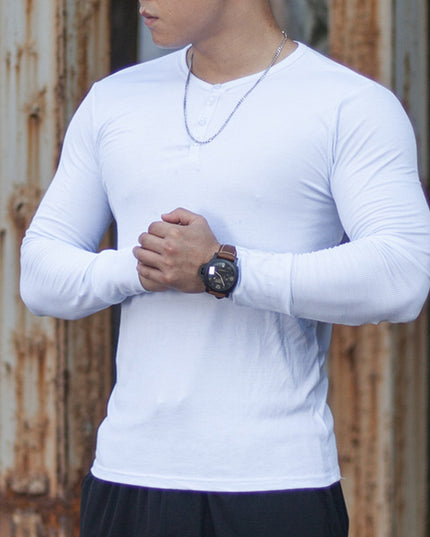 Men's High Elastic Solid Color Sports Casual Button Long Sleeve