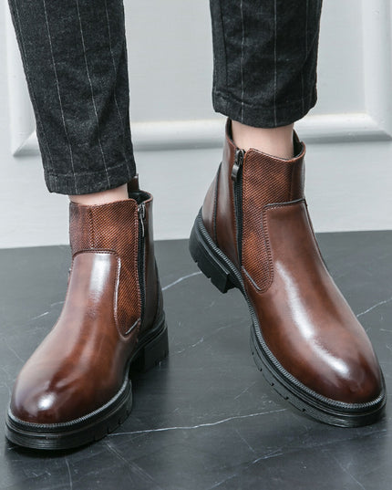 High-top British Double Buckle Slip-on Leather Boots 2023 Autumn And Winter
