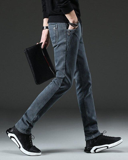 New plus velvet jeans men's stretch trousers Slim-fit pants