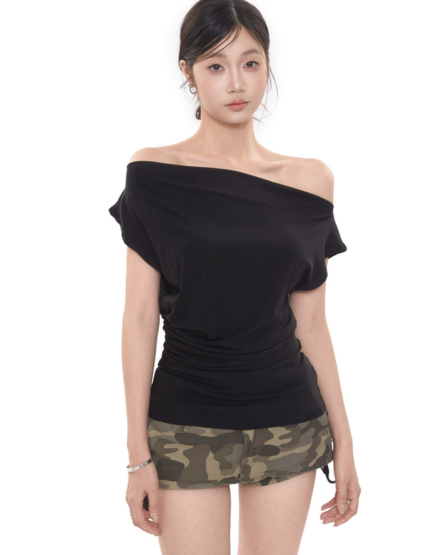 Short-sleeved Women's T-shirt Slim-fit Slimming Off-shoulder Top