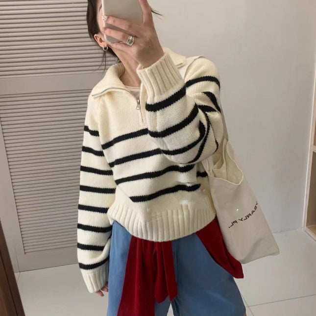 Korean Style Half Turtleneck Zipper Pullover Knitting Vintage Stripe Sweater