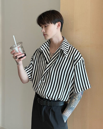 Men's Slanted Placket Striped Lapel Shirt