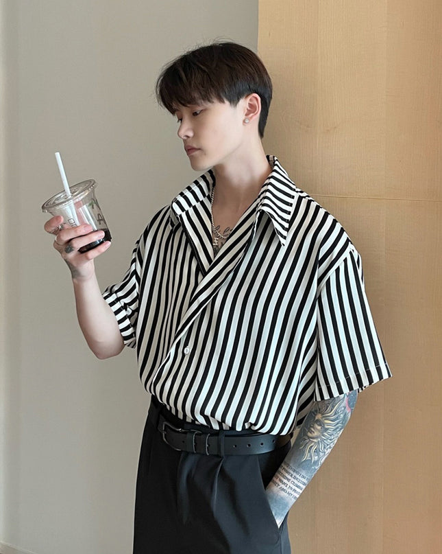 Men's Slanted Placket Striped Lapel Shirt
