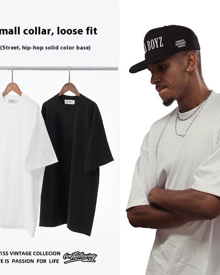 Small Collar Heavy Bottoming Shirt American High Street Solid Color Round Neck Short Sleeves