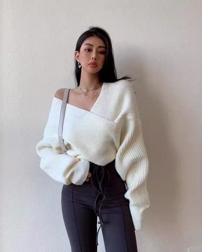 Loose Cross Sweater Women's Off-shoulder Sweater Top