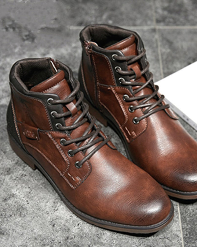 Men's leather shoes lace up retro high-top shoes