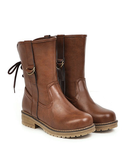 Lace-up round toe low-heel square heel boots
