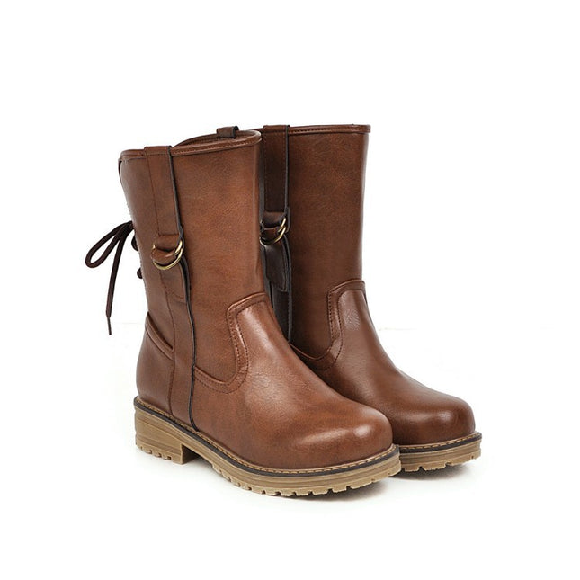 Lace-up round toe low-heel square heel boots