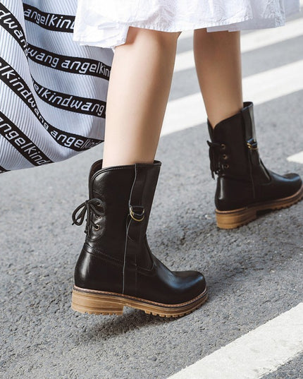 Lace-up round toe low-heel square heel boots