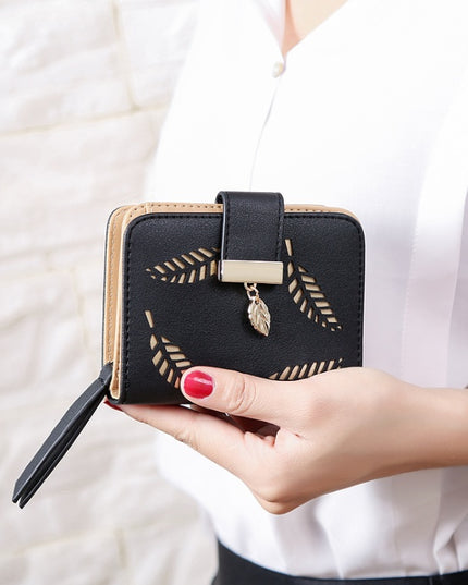 New Korean Women's Wallet Short Hollow Clutch Bag Leaf Zipper Buckle Bills Card Pack