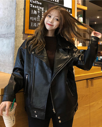 Leather coat women's autumn winter new Korean loose casual casual casual wear Pu motorcycle jacket ins fashion