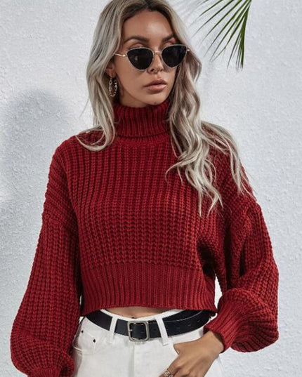 Turtleneck Midriff-baring Knitted Sweater Short