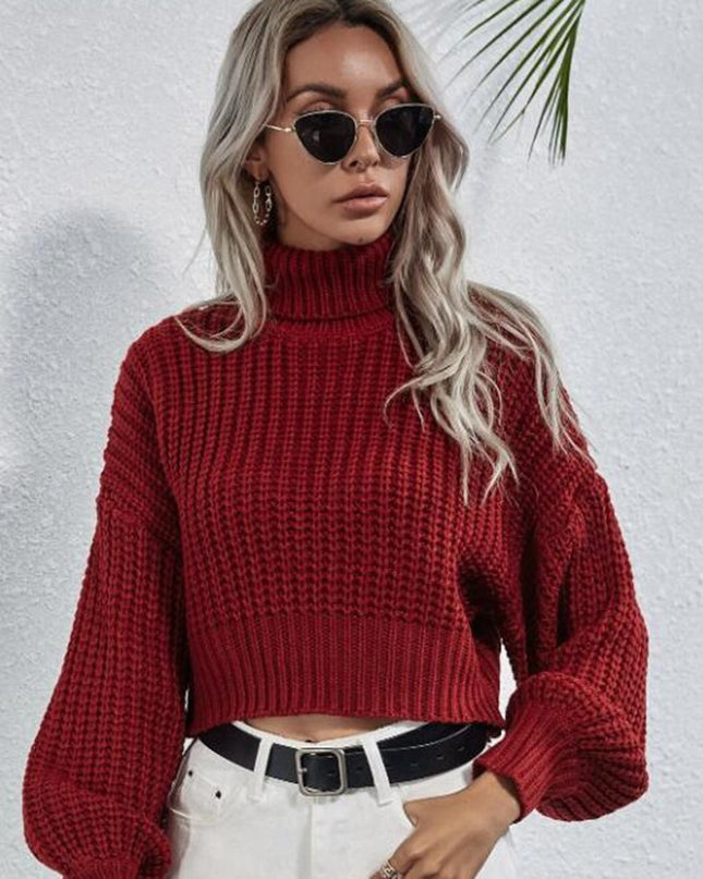 Turtleneck Midriff-baring Knitted Sweater Short