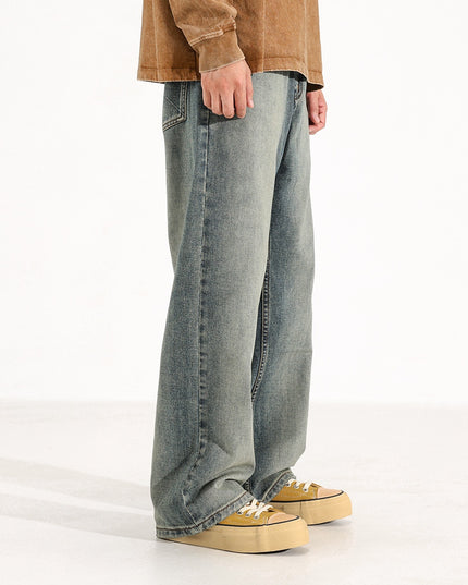 Washed Worn Men's Loose Wide-Leg Jeans | Straight Fit Blue Denim Pants