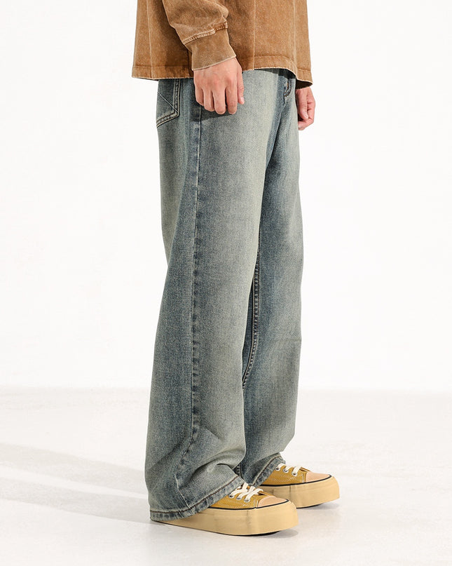 Washed Worn Men's Loose Wide-Leg Jeans | Straight Fit Blue Denim Pants