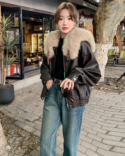 Real Shot Brown Rabbit Fur Liner Leather Jacket