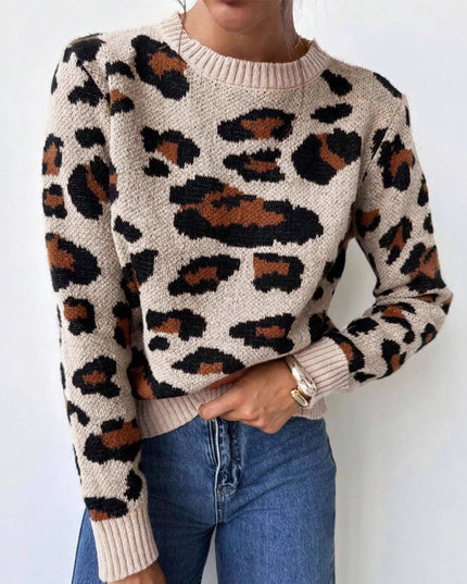 Round Neck Retro Commute Leisure Contrast Color Leopard Print Pullover Sweater