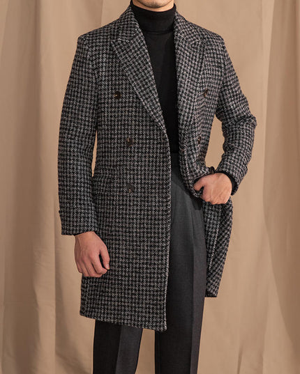 Wool Double Breasted Houndstooth Coat Mid-length Coat
