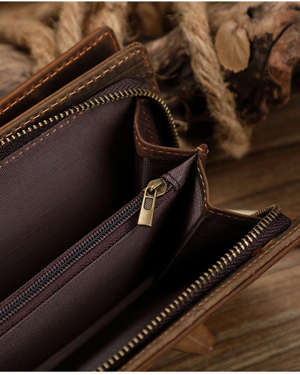 Cowhide Zipper Large Capacity Multiple Card Slots Crazy Horse Leather Long Wallet Men