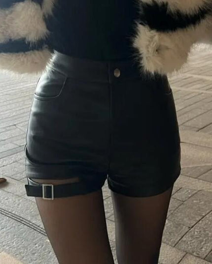 Black Buckle Washed Leather Shorts For Women