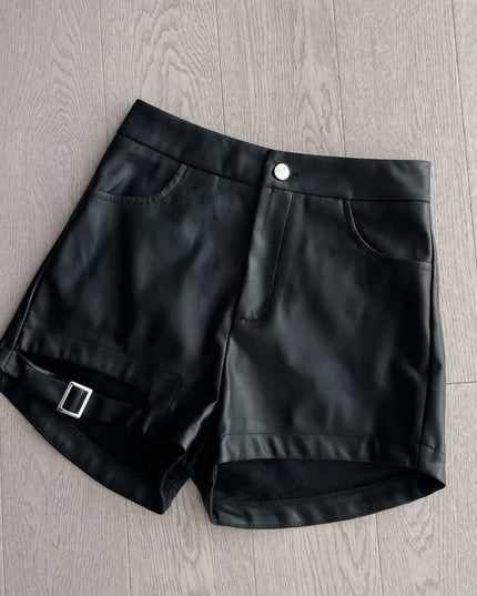 Black Buckle Washed Leather Shorts For Women