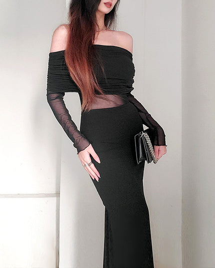 Women's Winter Sexy Off-the-shoulder Pleated Long Sleeve Polyester Dress