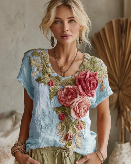 Women's Vintage Floral Art Linen Crew Neck T-shirt