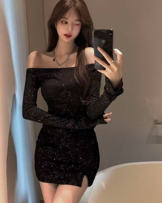 Off-shoulder Dress Women's Slim-fit Sequined Long Sleeve Narrow Short Skirt Sexy