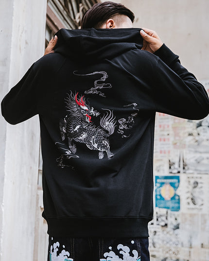 National Fashion Chinese Style KIRIN 3D Printed Loose Plus Size Top Hooded Sweater Men