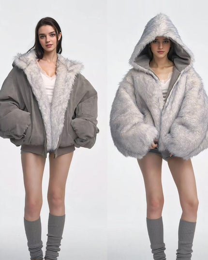 Gray Double-sided Dyed Pointed Fur Vintage Cotton-padded Jacket Coat