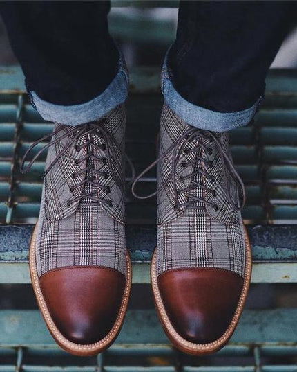 Lace-up Low-Top Men's Boots With Checkered Fabric