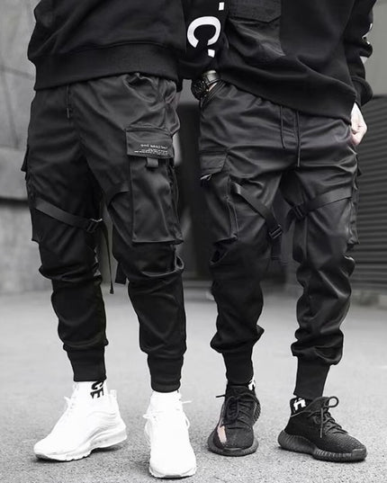 Ribbons Harem Joggers Men Cargo Pants Streetwear Hip Hop Casual Pockets Cotton Track Pants