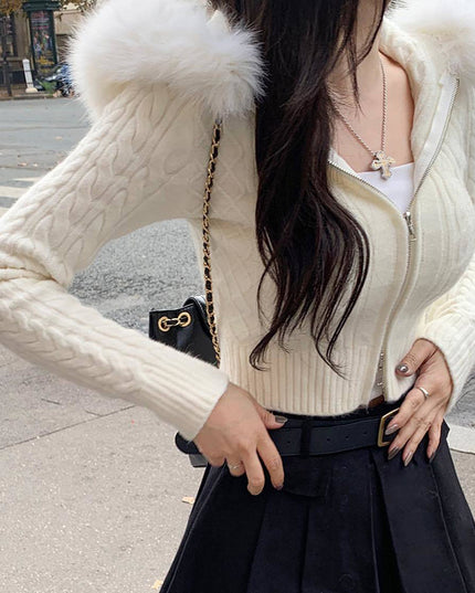Women's Wool Stitching Hooded Wool Top With Twist Zipper Nipped Waist Knit Sweater